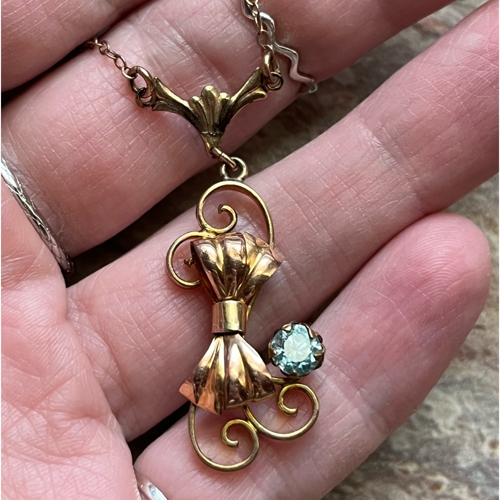 Antique Lavaliere Gold Filled Bow Necklace With Single Blue Paste Stone